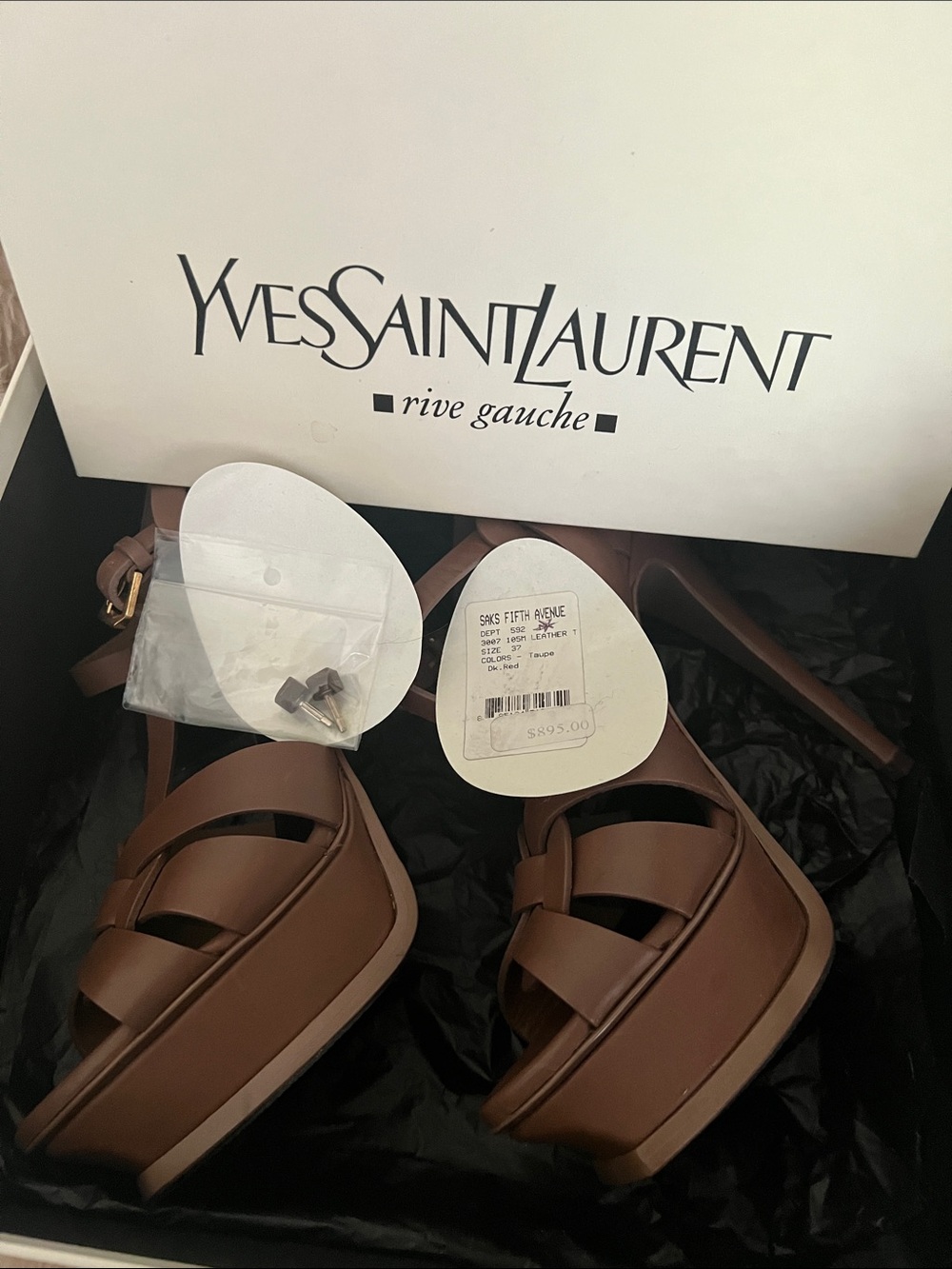 Yves Saint Laurent Brown Leather Knotted Platform Heels with Gold Logo - Picture 8 of 8